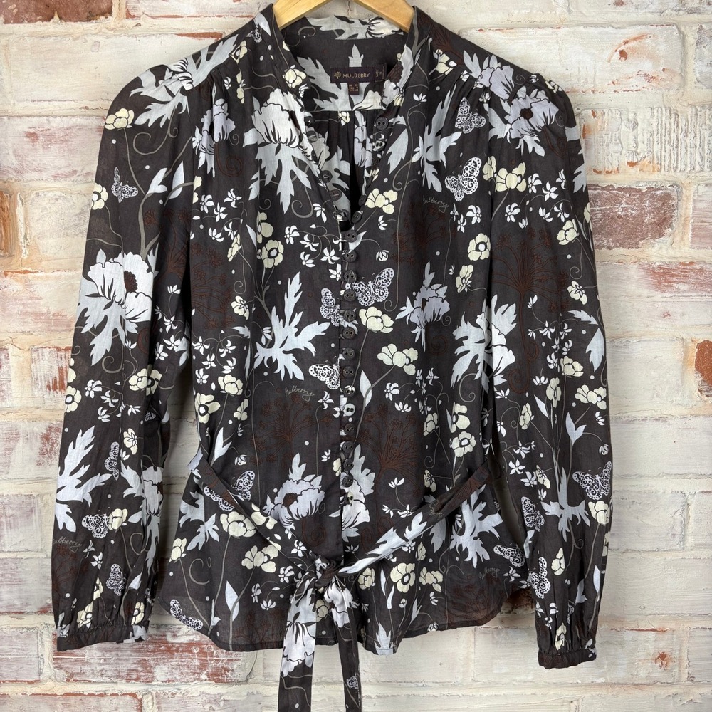 Mulberry Cotton Floral Butterfly Tie Front Blouse Size 8 Dark Brown Cottagecore